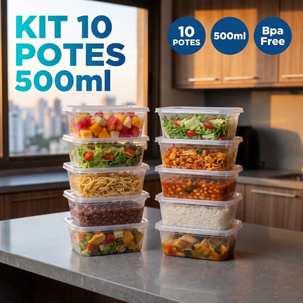Kit 10 Potes 500ml Transparente Plástico Com Tampa De Encaixe Para Alimentos Marmita Fitness Reutilizável Apto Micro-ondas E Lava-louças Cozinha Geladeira Guardar Comida Ponte Lar Utilidades
