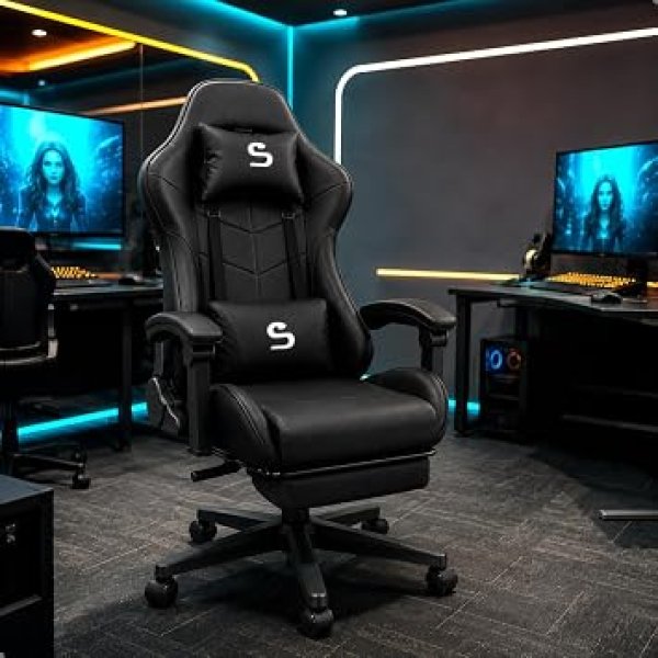 Cadeira Gamer de Escritório Ergonômica, Reclinável com Apoio para Pés, Almofadas Lombar e Pescoço, Base Nylon 50mm, Suporta 120kg (Preta)
