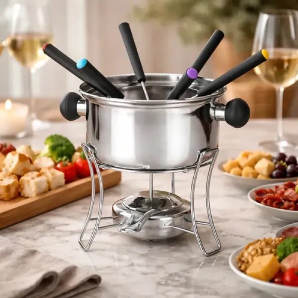 Aparelho Para Fondue Inox 10 Peças Inclui Fogareiro E Base 6 Garfos