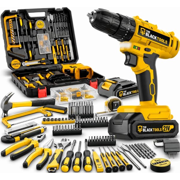 Parafusadeira Furadeira De Impacto The Black Tools Profissional Bateria 21V C/ Maleta + Kit Acessórios 145 Peças TBKIT23
