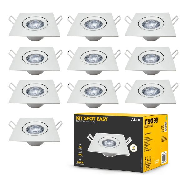 Kit 10 Spot Led Embutir 7w 3000k Branco Quente 110v/220v Bivolt Quadrado Branco Cod: ALUT000601 Alut