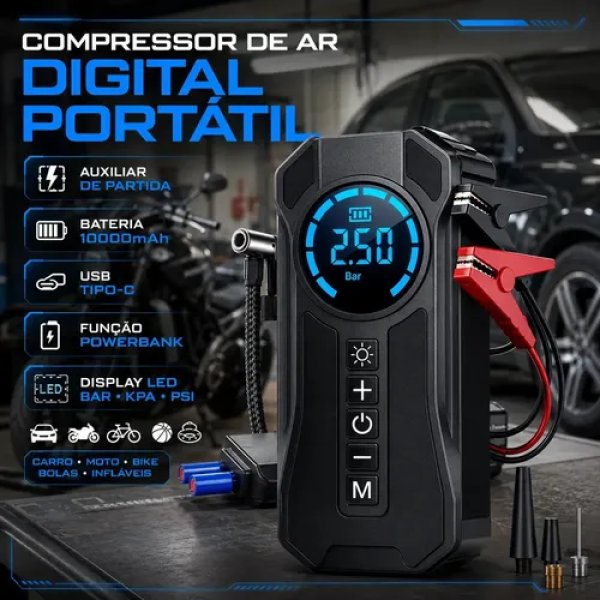 Mini Compressor De Ar Portátil Bateria Emergência Ignição Automotiva Potente Preto Compacto