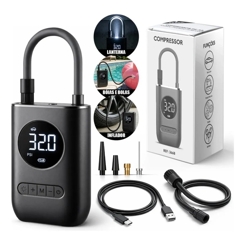 Mini Compressor de Ar Digital Portátil Recarregável USB-C...