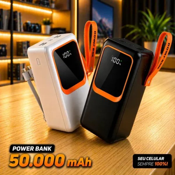 Carregador Portátil Power Bank 50000mah Usb Super Rápido Display Digital 50ahm Universal Powerbank Todos Dispositivos Sortido Preto Ou Branco Comica