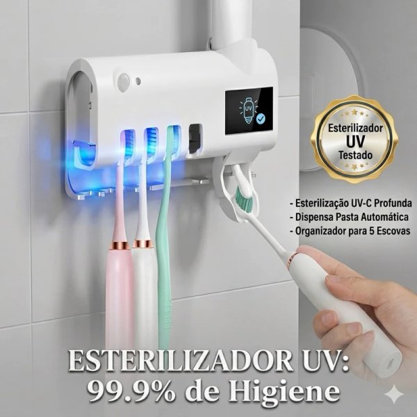 Suporte para Escova de Dentes com Dispensador de Creme Dental - Com Esterilizador Uv