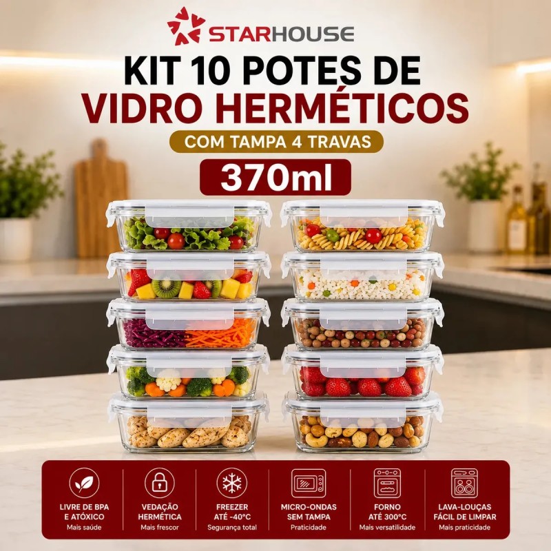 Kit 10 Potes Herméticos Vidro 370ml Starhouse Marmita For...