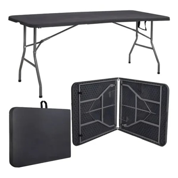 Mesa Dobrável Vira Maleta Com Alça Portátil 1.80m Para Camping Pesca Jardim Área Externa Ou Interna Salão De Festas Gourmet Cor Preto Luvinco