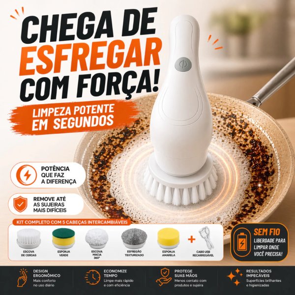 Escova Elétrica Limpeza Multifuncional Sem Fio Recarregável Lava Louças 5 em 1