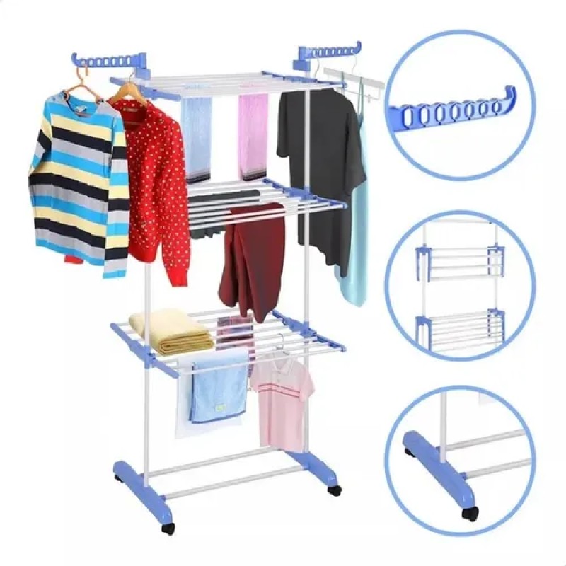 Varal De Chão Grande De Roupas 3 Andares Dobrável Cor Azu...