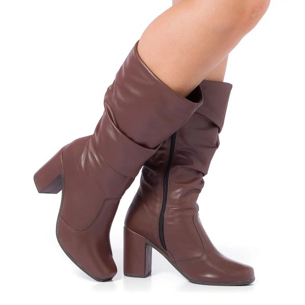 Bota Feminina Sofiolí Cano Longo Errugada Salto Alto Grosso Bico Quadrado Original Moda Confortável