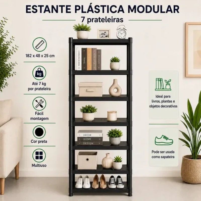Estante Plástica Modular Multiuso Preta 7 Prateleiras Org...