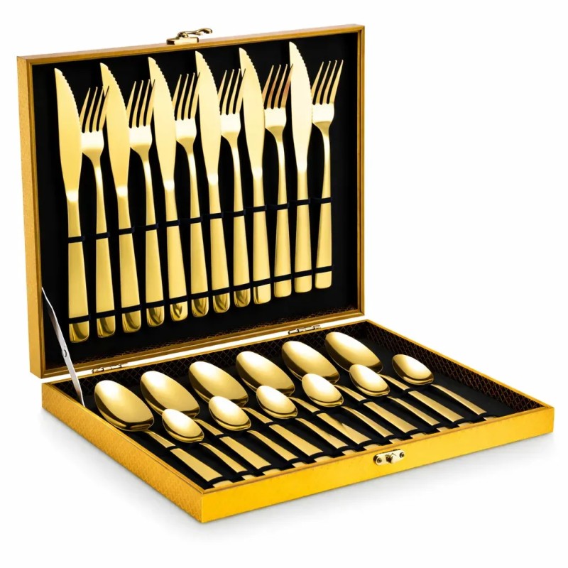Eps-158 Kit Faqueiro Dourado Luxo Jogo Talheres Inox 24pç...