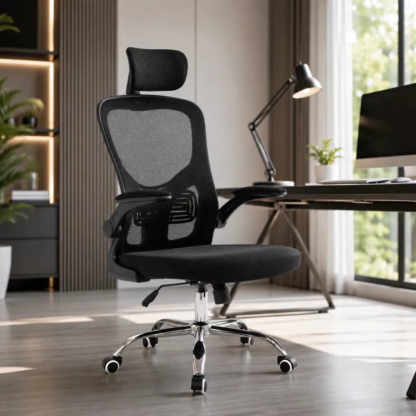 Cadeira Ergonômica Mesh Preta Com Braços Rebatíveis 90°