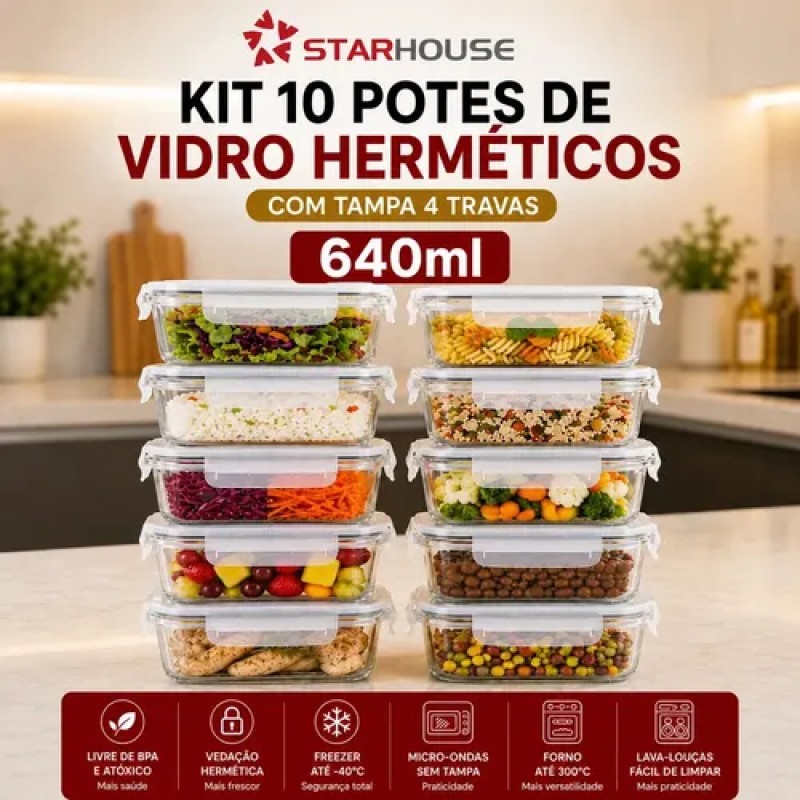 Kit 10 Potes Herméticos Vidro 640ml Starhouse Marmita For...