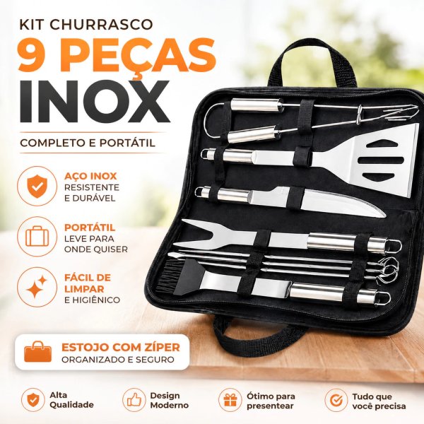 Kit Churrasco Completo 9 Peças Inox Profissional com Bolsa Conjunto Churrasqueiro Premium