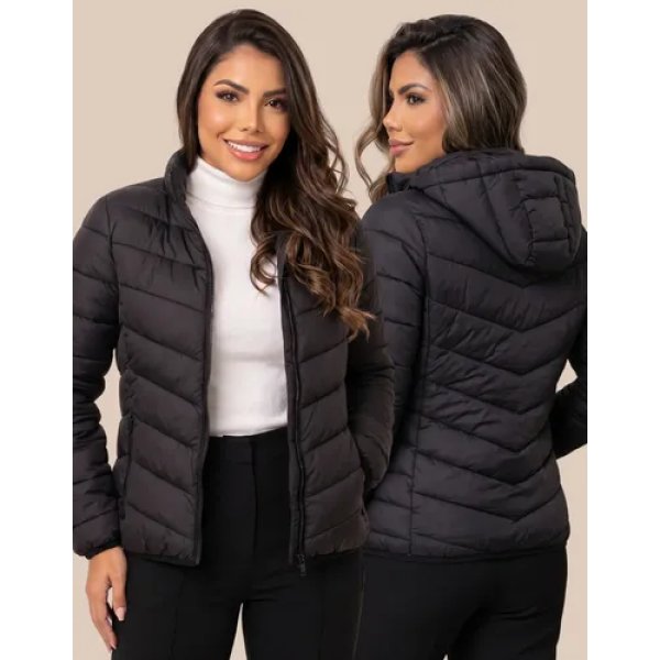 Jaqueta Feminina Puffer Impermeável Capuz Inverno Frio