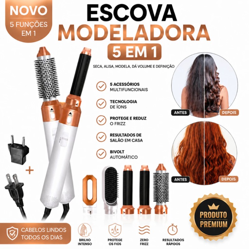 Escova Secadora e Alisadora 5 em 1 Premium Seca Modela Ca...