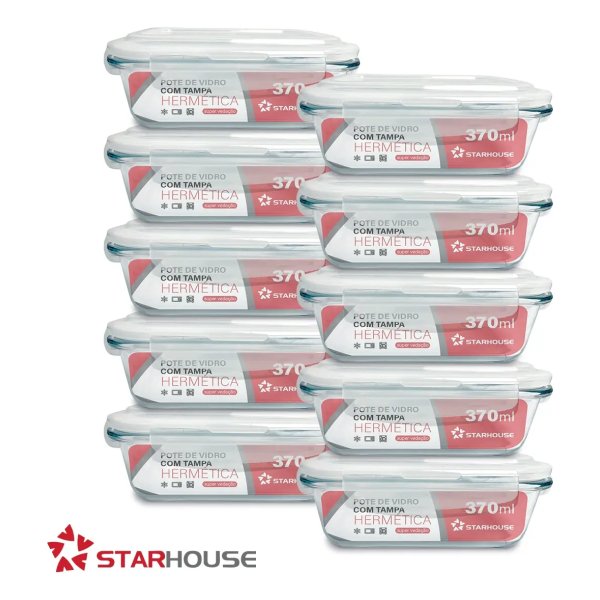 Kit 10 Potes Vidro 370ml Hermético Marmita Forno Refratário Star House