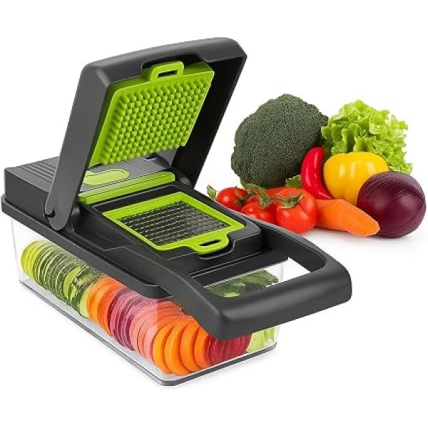 Cortador de Legumes e Frutas 13 em 1 com Lâminas Inox – Fatiador Multifuncional com Recipiente, Ralador, Raspador, Descascador e Mais | Utensílio Prático para Cozinha