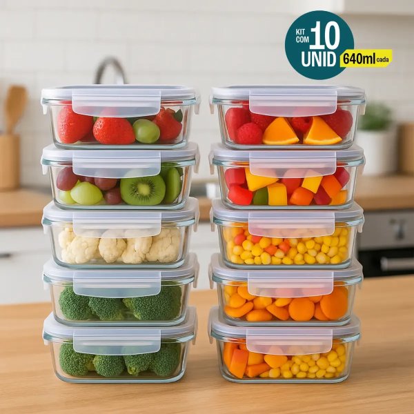 Kit 10 Potes De Vidro Hermético 640ml 4 Travas Livre De Bpa