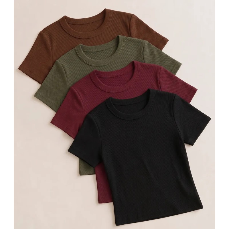 Kit 4 Blusa Feminina Ribana Canelado Estilosa Básica Baby Te