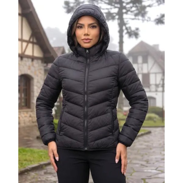 Jaqueta Feminina Puffer Impermeável Capuz Frio Inverno